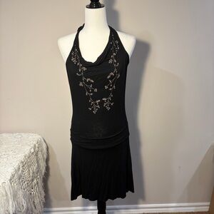 Source Unknown Black Halter Dress with Floral Embroidery
